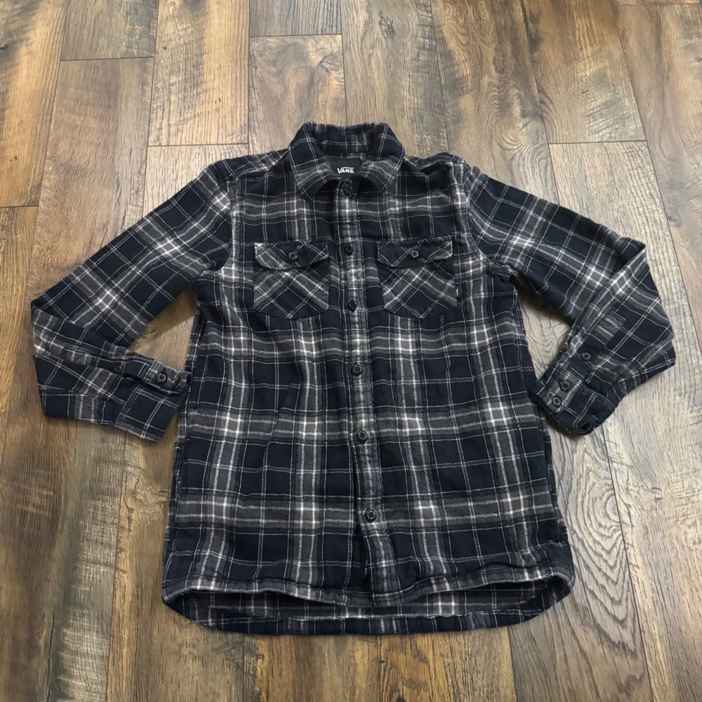 Vans Men Small Classic Fit Quilted Flannel Shirt Jacket Black Grey Plaid Pockets